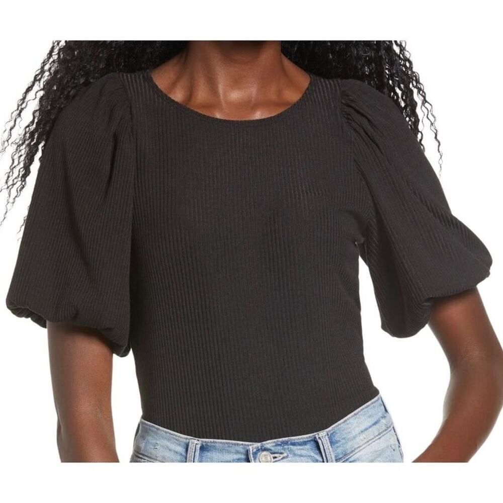 Socialite Ribbed Puff Sleeves Top Blouse Size‎ X Small Black New